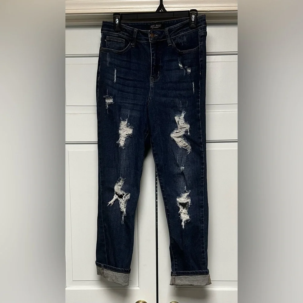 Judy Blue High-Waist Destroyed Cuff Boyfriend Fit Jeans - Size 5/27, Like New - Picture 9 of 10